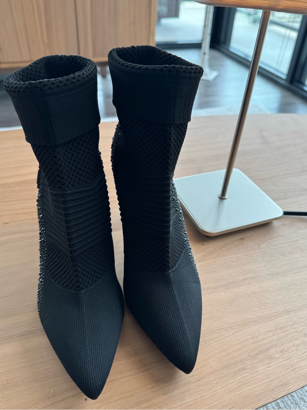 bebe Joselyn Rhinestone Knit Sock Boots Black Pointed Toe Stiletto
